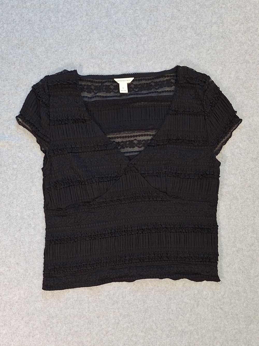Y2K Inspired Aeropostale Black Coquette Short Sleeve Textured V-Neck Top Size L